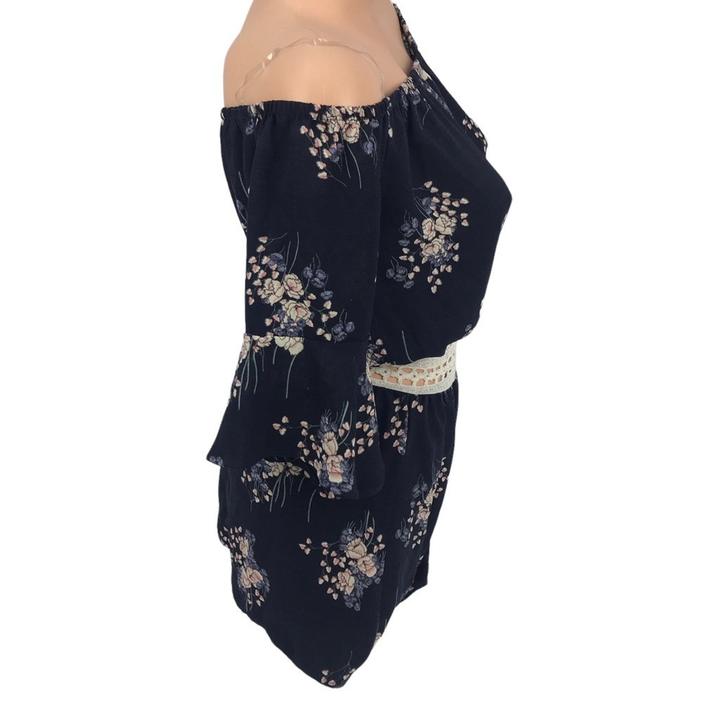 TRAC Navy Blue Floral Print Crochet Lace Cutout Romper One Piece SZ M - Picture 7 of 8